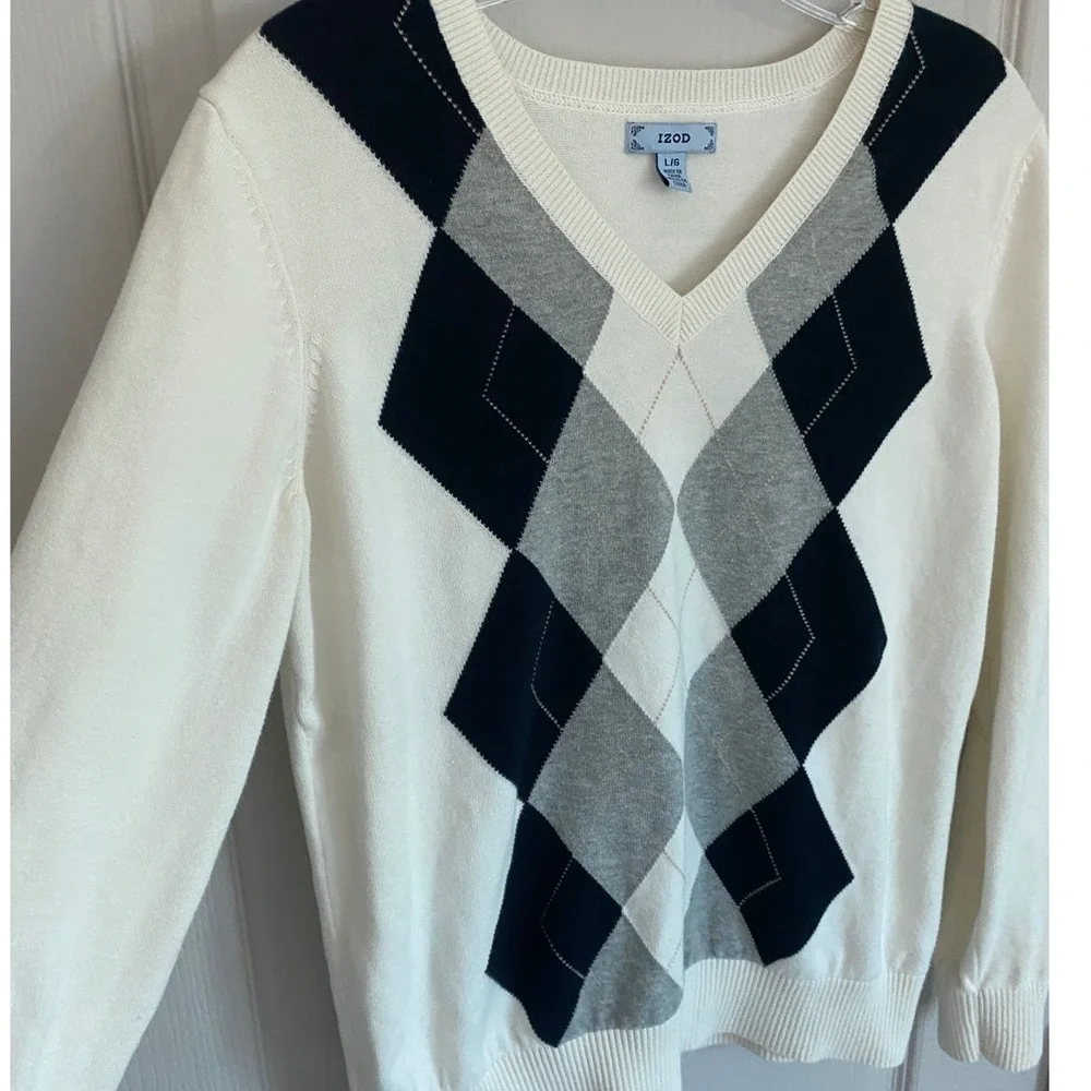 IZOD Womens Argyle V-Neck Sweater White Black Grey 100 Cotton‎ Long Sleeve L